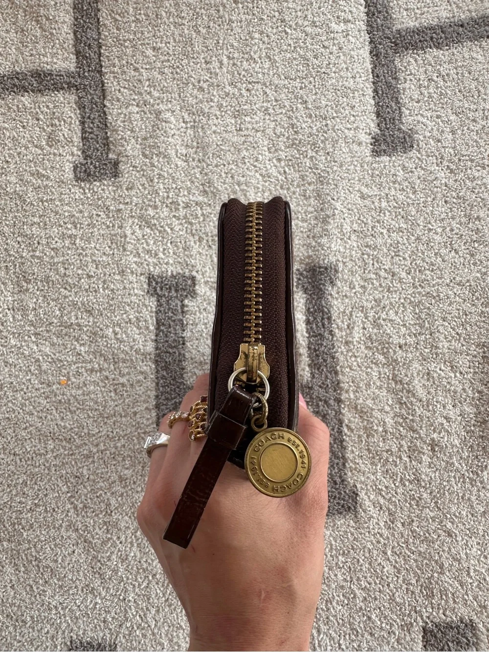 Coach Brown Signature Zip-Around Wallet with Dark Brown Stripe
